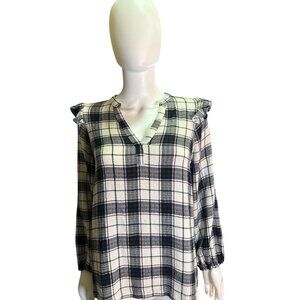 Marine Layer Jamie Ruffle Sleeve Top Black/White Plaid Medium Cotton Blend NWT